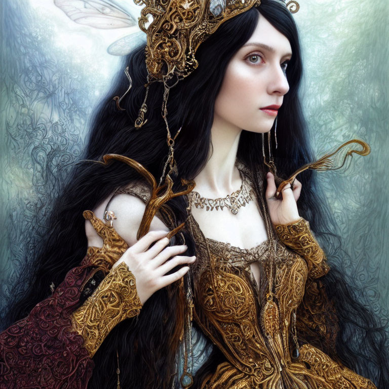 Fantasy portrait: Pale woman with black hair, golden crown, ornate garb, mystical forest