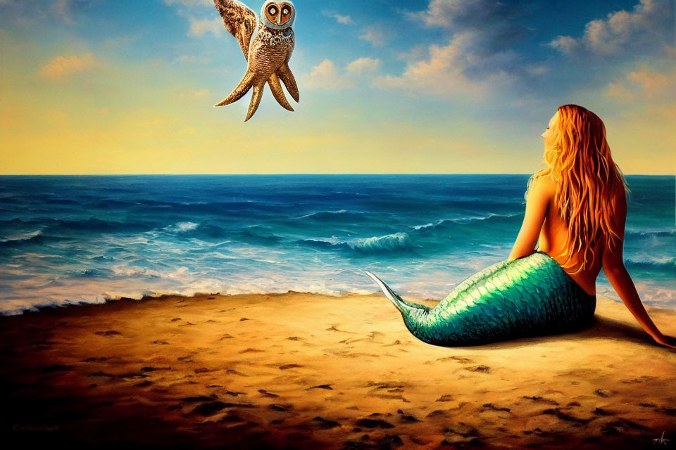 Blonde Mermaid on Beach Watching Owl at Sunset