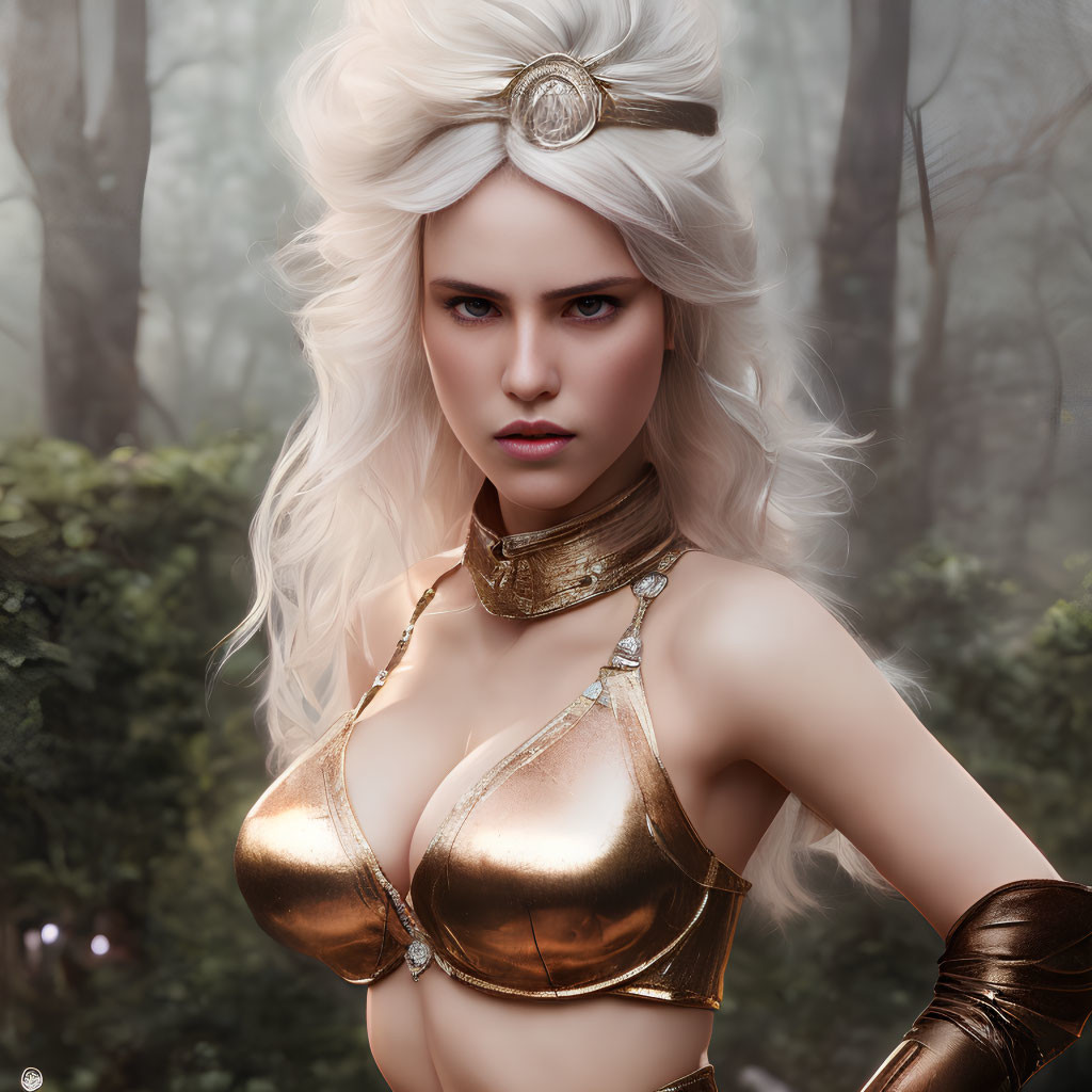 White-Haired Woman in Golden Outfit with Headband and Choker in Misty Forest
