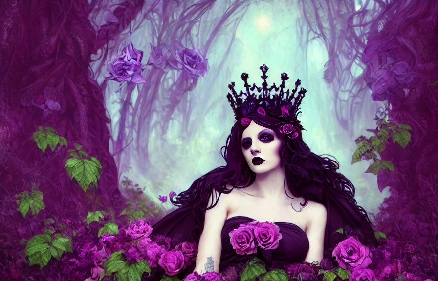 Gothic figure with black crown in mystical forest among purple flowers