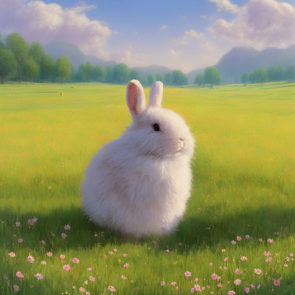 Fluffy white rabbit in green meadow with pink flowers