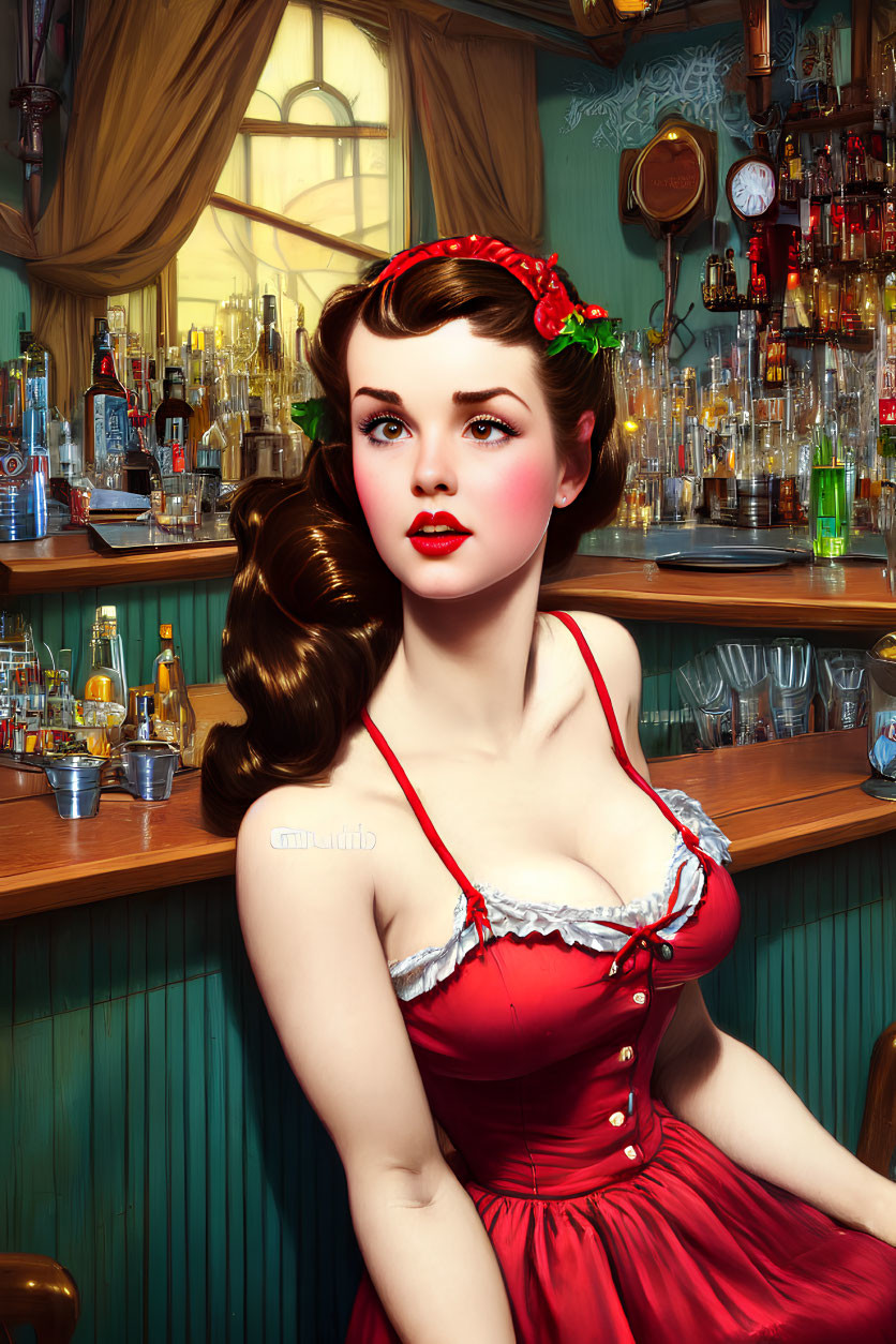 Vintage Pin-Up Style Woman in Red Dress at Classic Bar