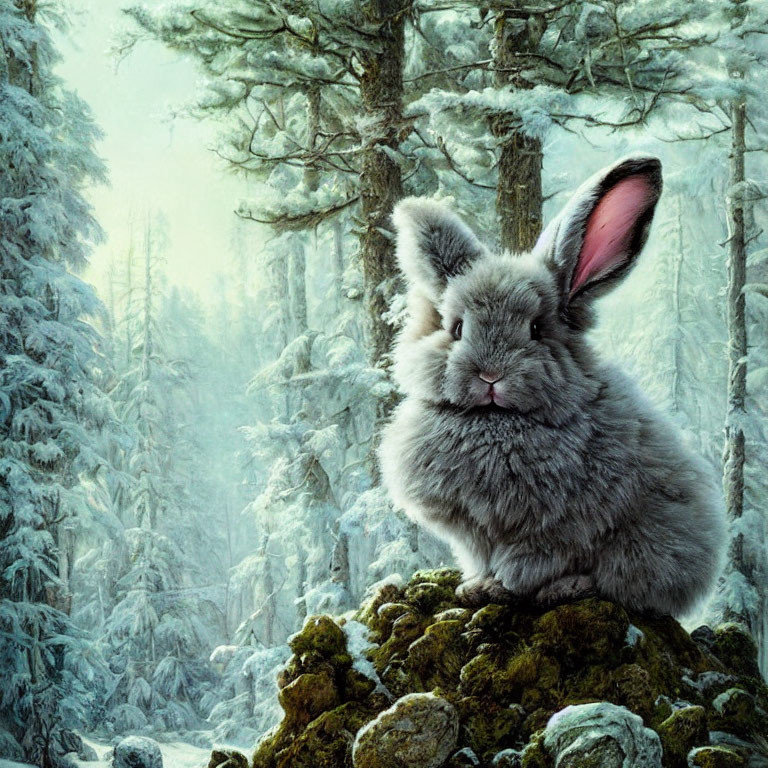 Fluffy grey rabbit on rock in snowy forest.
