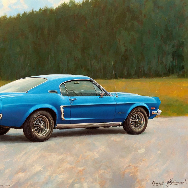 Blue Vintage Mustang Painting on Road with Green Trees and Hazy Sky