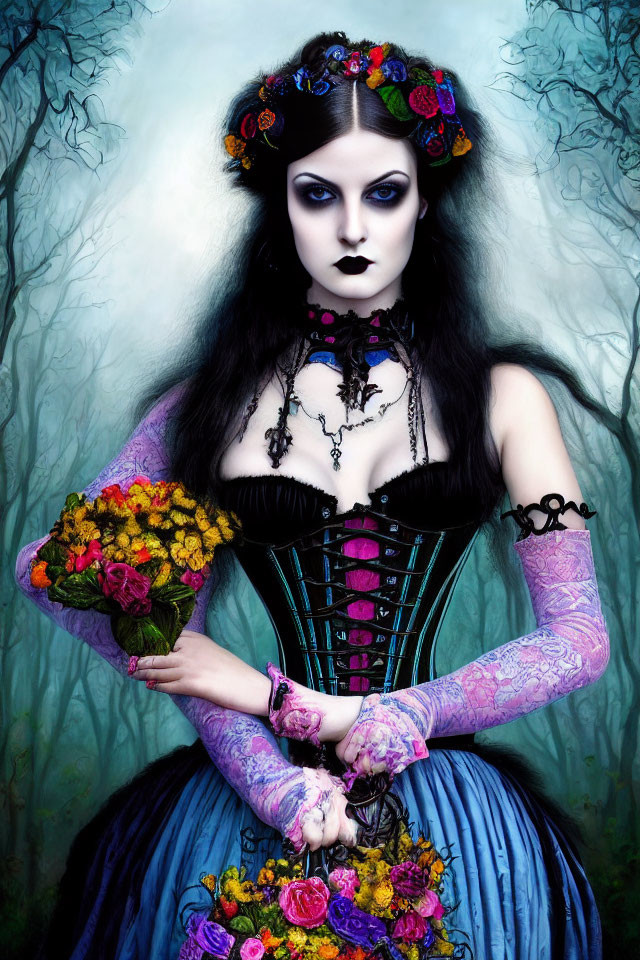 Pale-skinned woman in dark makeup wearing black corset and blue skirt with floral headpiece and bouquet