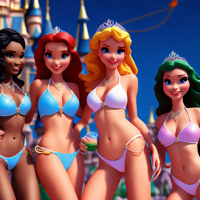 Four animated female characters in bikinis with tiaras at fairytale castle