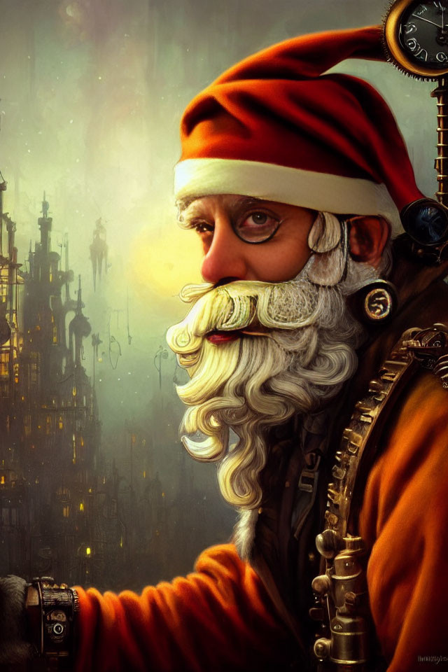 Steampunk Santa Claus with Mechanical Arm in Urban Background