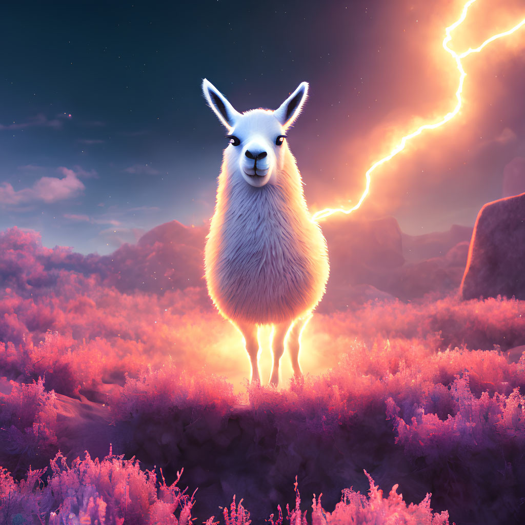 Majestic llama in vibrant, mystical landscape with lightning bolt