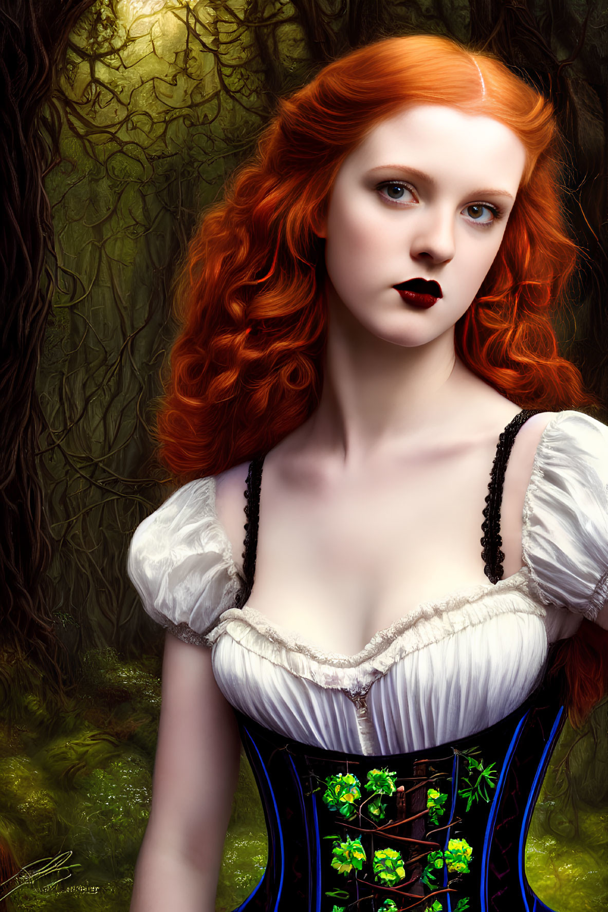 Red-haired woman in blue corset against mystical forest backdrop