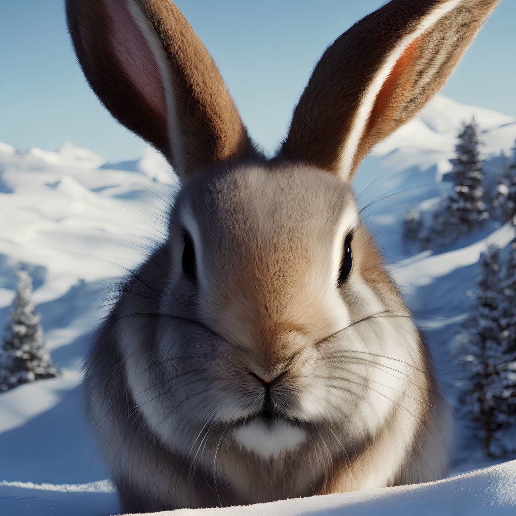 Realistic rabbit close-up in snowy landscape with trees and hills