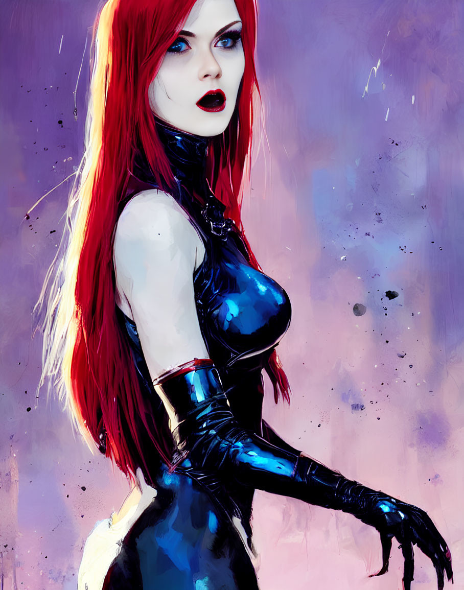 Colorful illustration of woman with red hair and blue eyes in black bodysuit on purple background