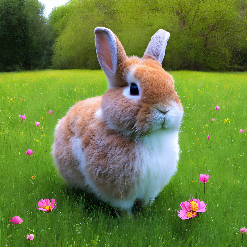 Fluffy brown and white rabbit in green meadow with pink flowers