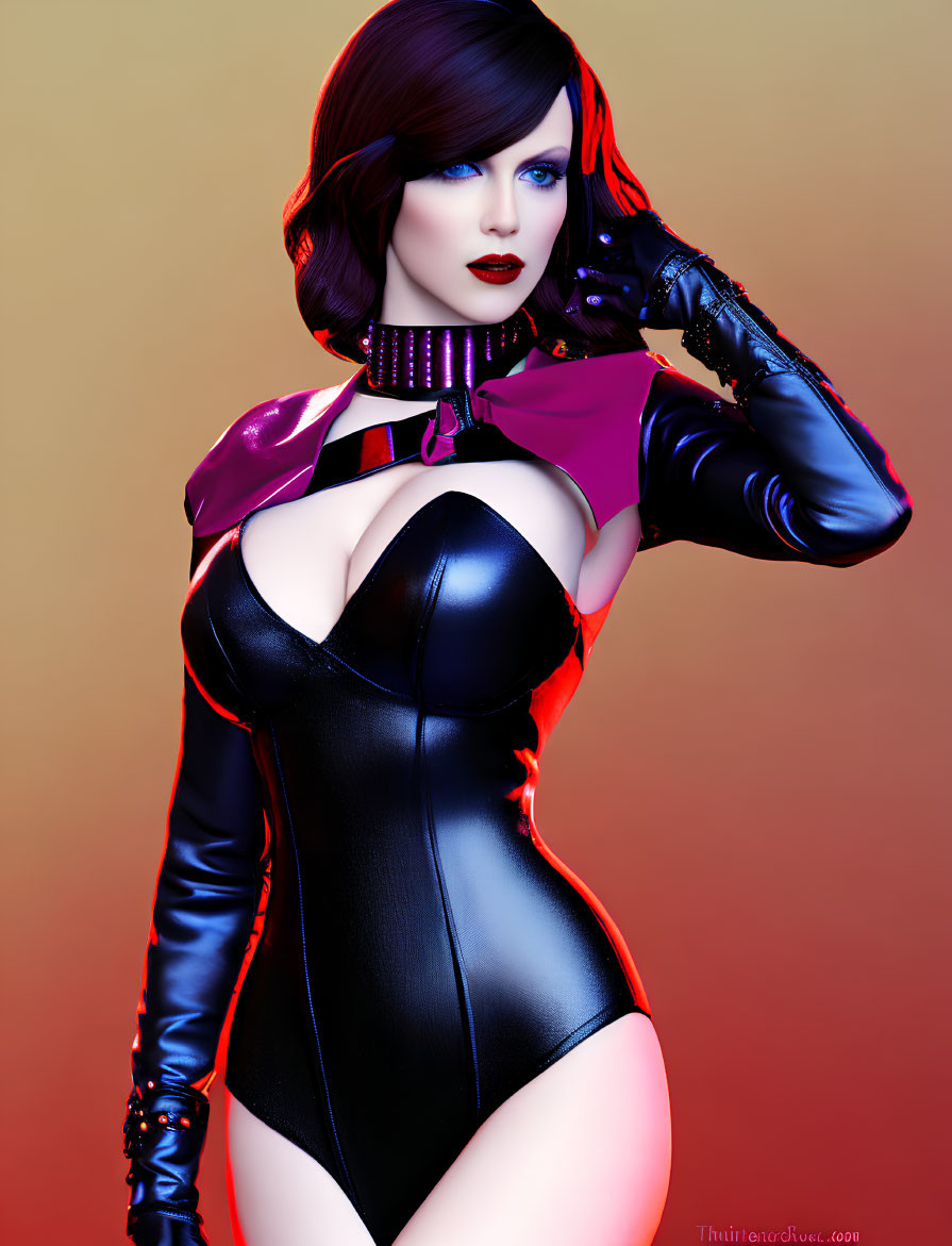 Short-haired woman in black and red bodysuit on gradient background