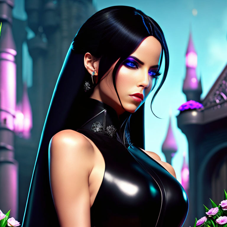 Digital art portrait of woman with blue eyes, black hair, black outfit, and castle background