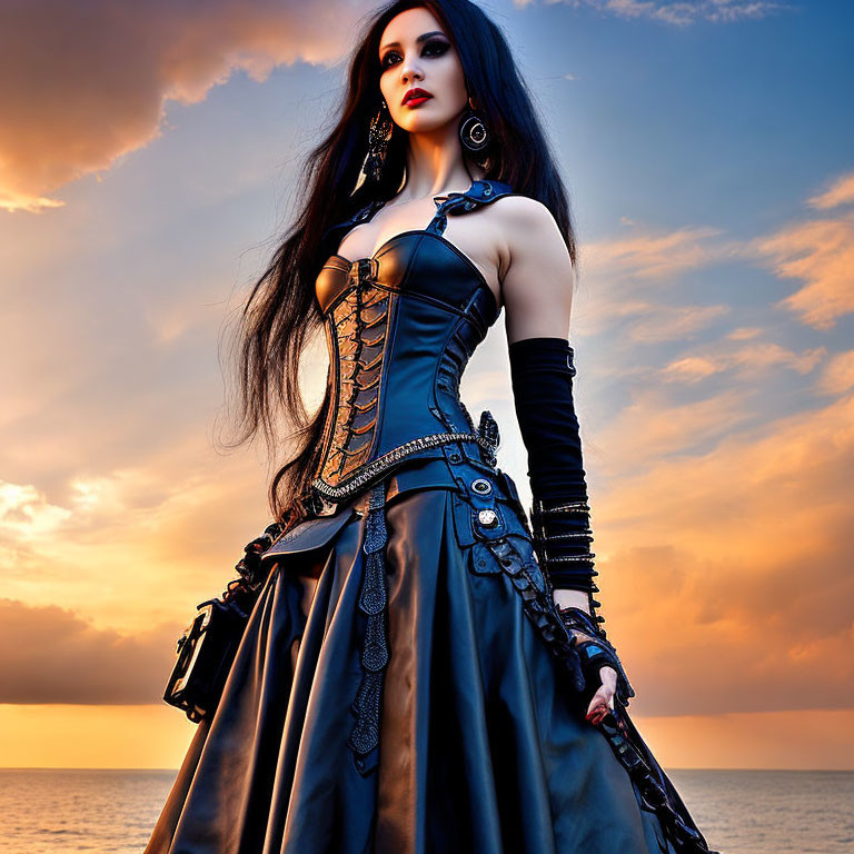 Gothic woman in corset and long skirt against sunset sky