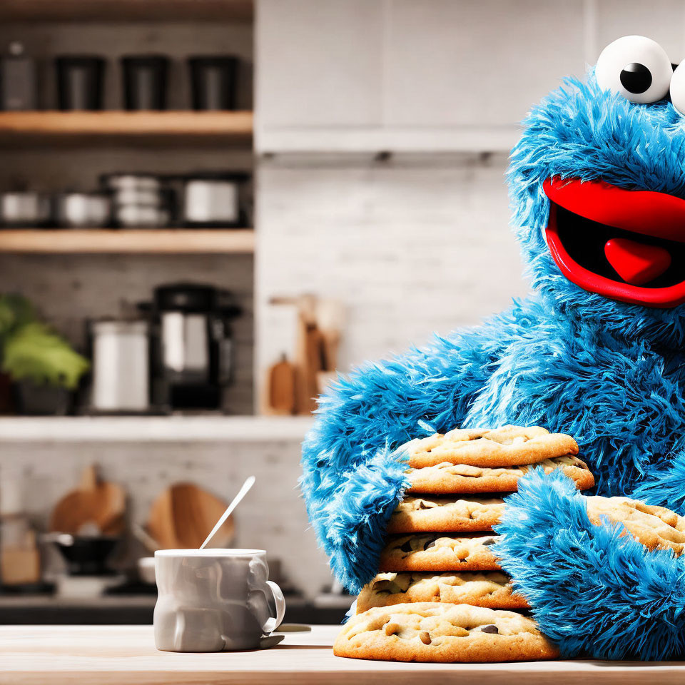 Blue Cookie Monster Plush Toy with Cookies and Coffee Cup in Kitchen