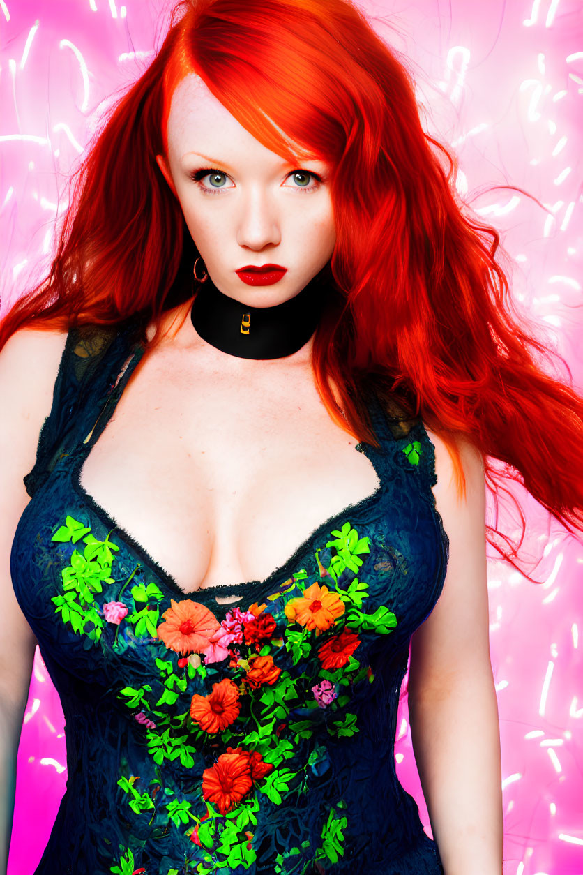 Vibrant red-haired woman in blue dress with choker on neon-lit background