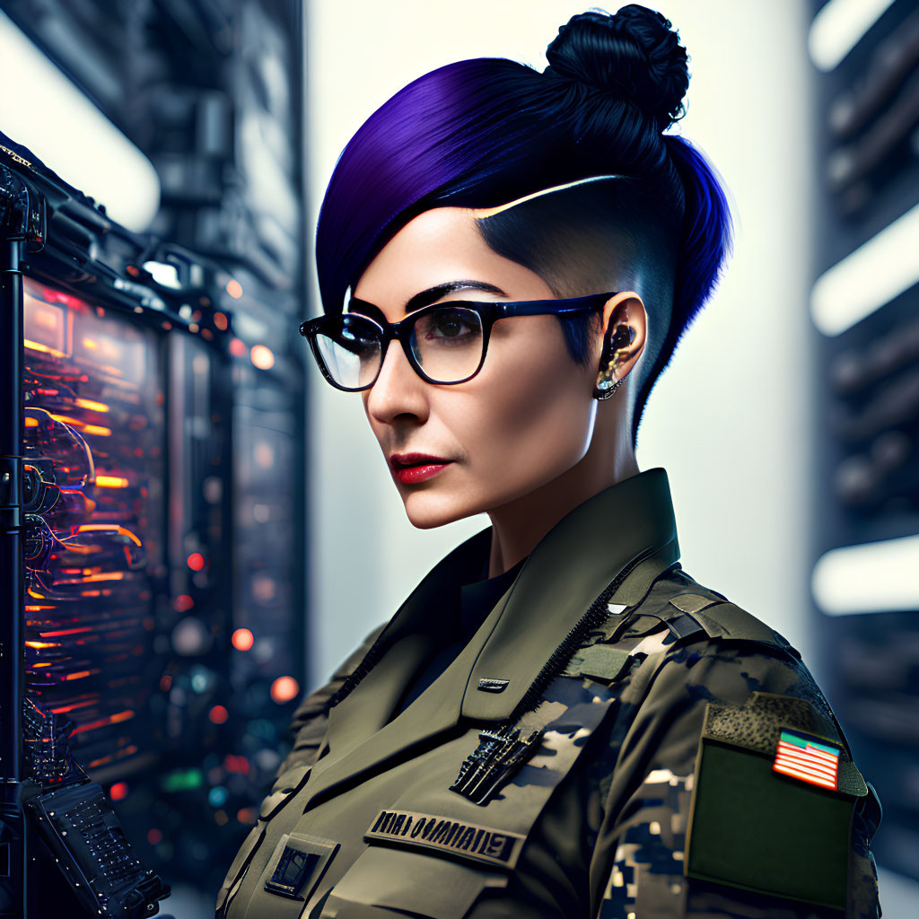 Stylish woman with purple hair in military outfit by server rack