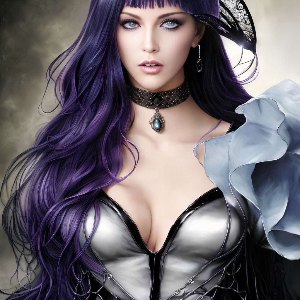 Woman with Purple Hair and Blue Eyes in Gothic Attire