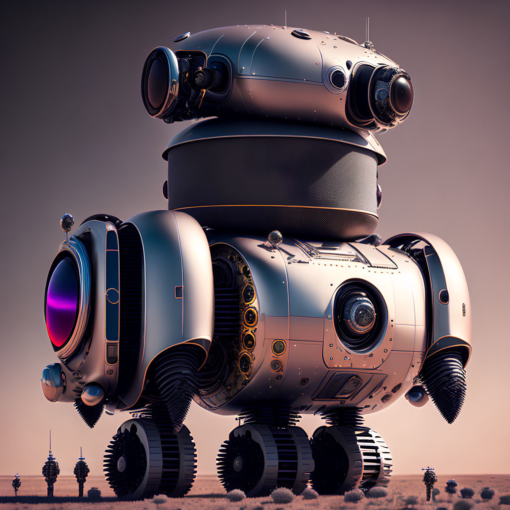 Futuristic spherical robot with lenses and arms in desert sunset