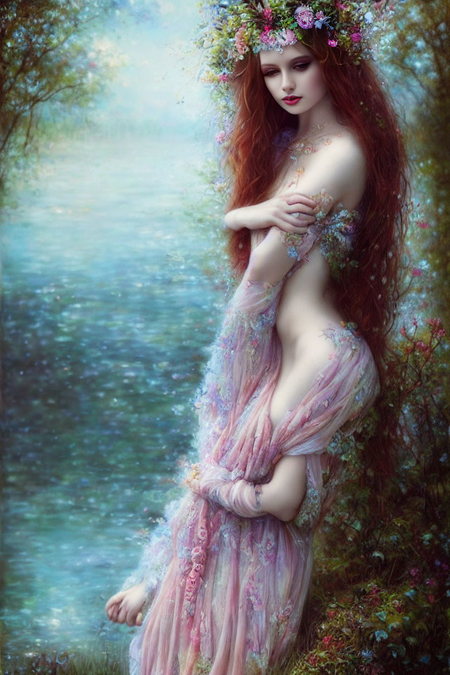 Fantasy-inspired image of a woman with red hair in floral crown and dress against nature backdrop.