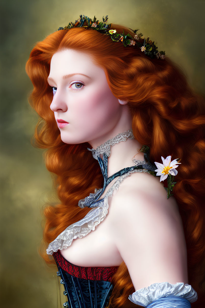 Portrait of a person with long wavy red hair, floral crown, corset, lace collar,