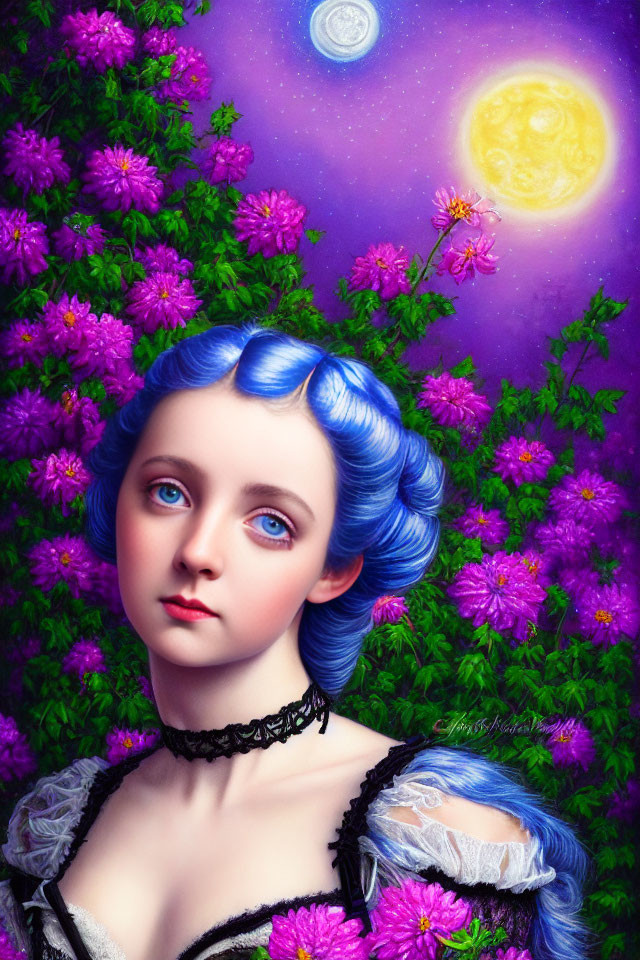 Portrait of Woman with Blue Hair Among Purple Flowers in Cosmic Setting