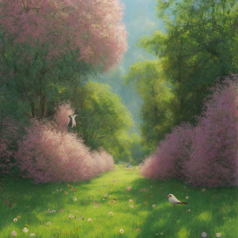 Tranquil forest clearing with green trees, pink blossoms, flowers, bird, and soft sunlight