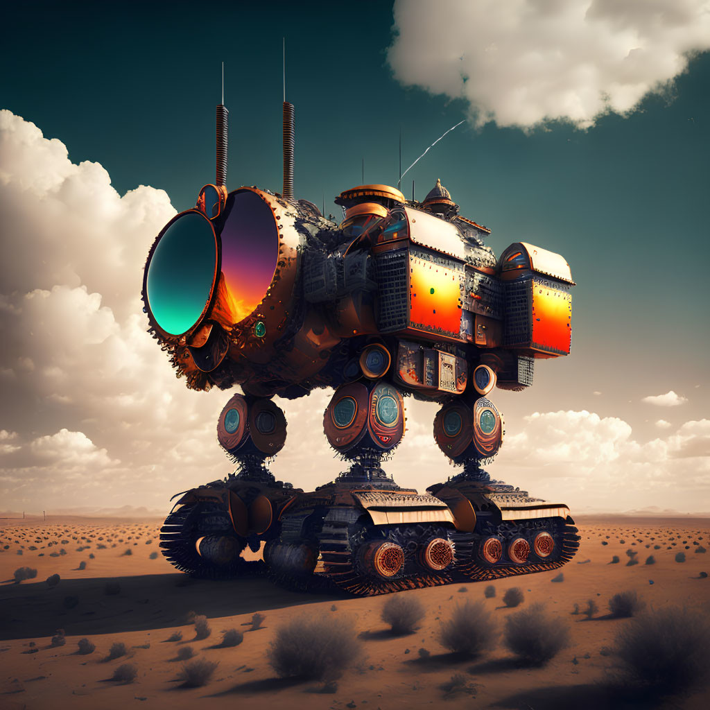 Futuristic multi-level tracked vehicle in desert landscape.