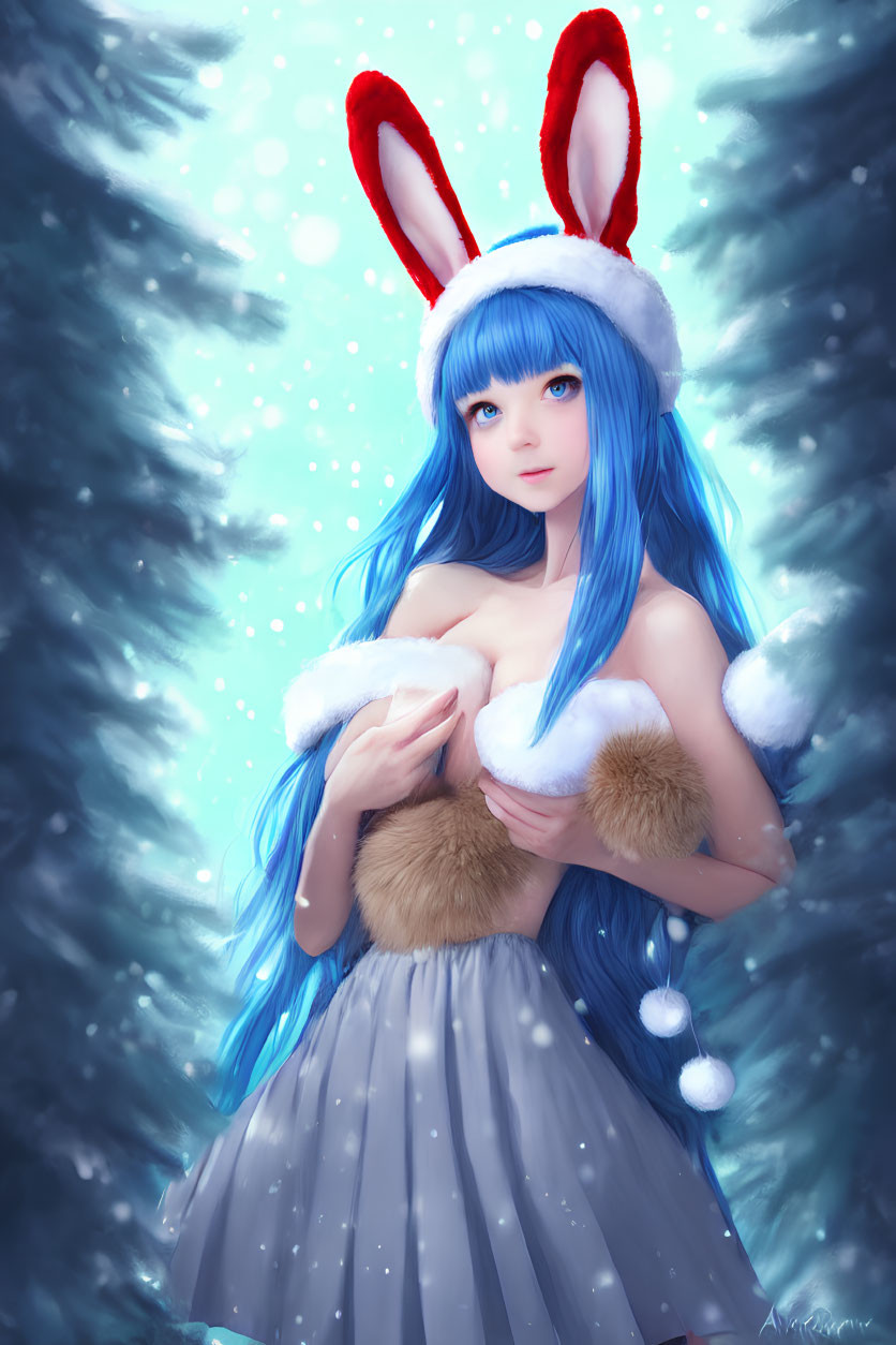 Blue-haired woman with rabbit ears in winter outfit among snow-covered trees