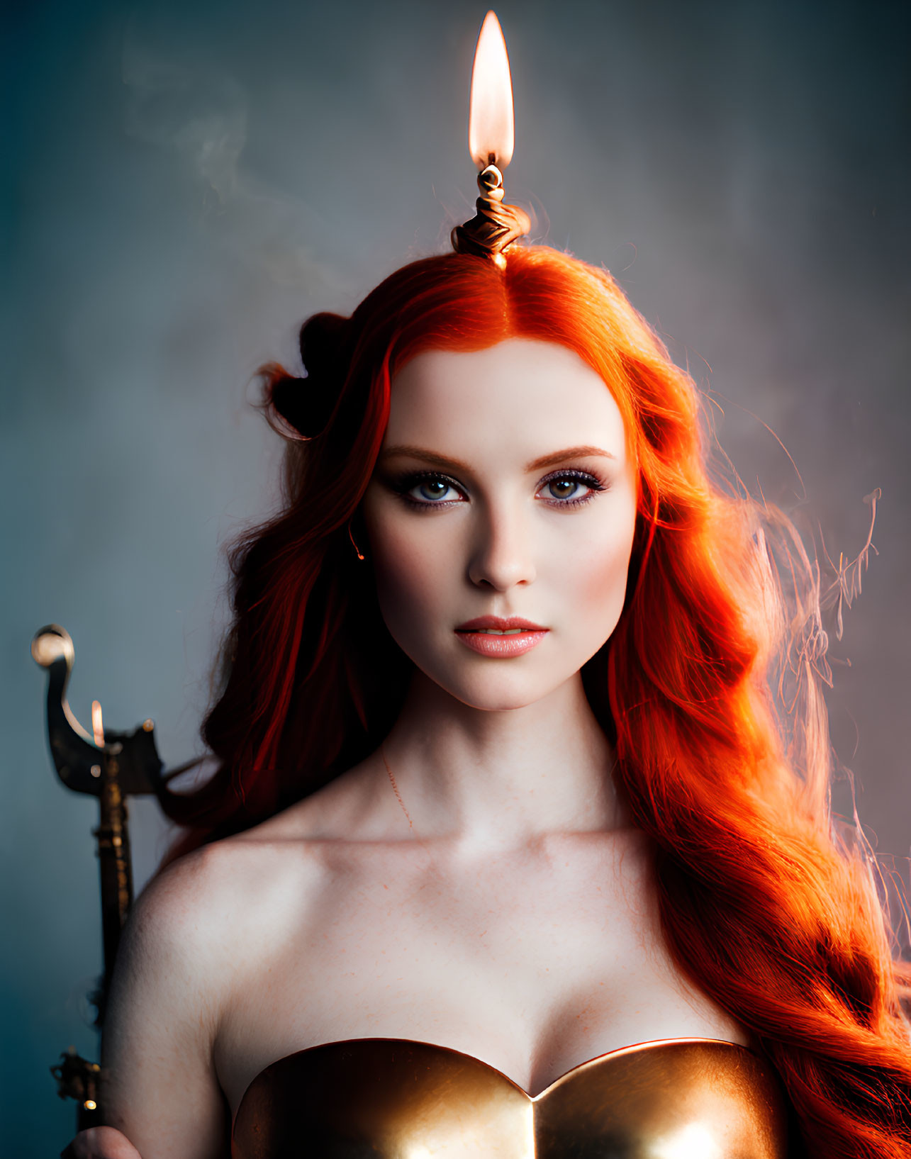 Woman with flowing red hair holding a lit candle and a sword