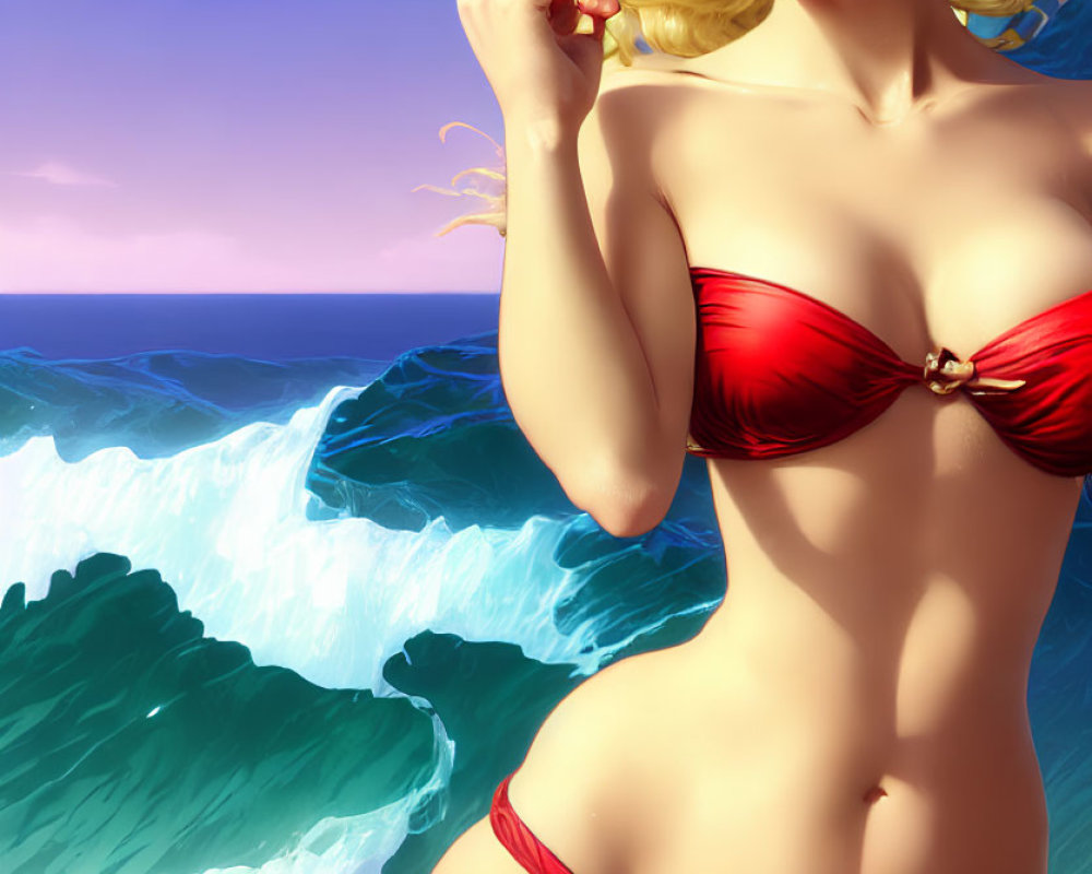 Woman in red bikini by ocean with crashing waves - Illustration