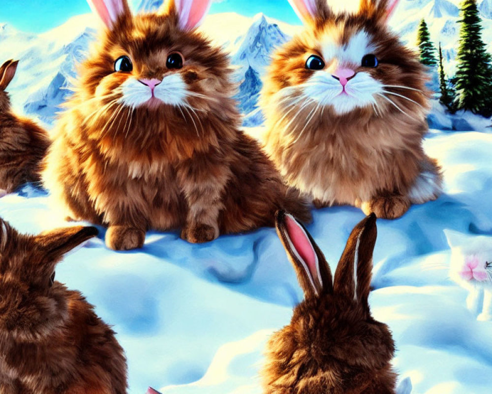 Fluffy rabbits and kitten in snowy landscape