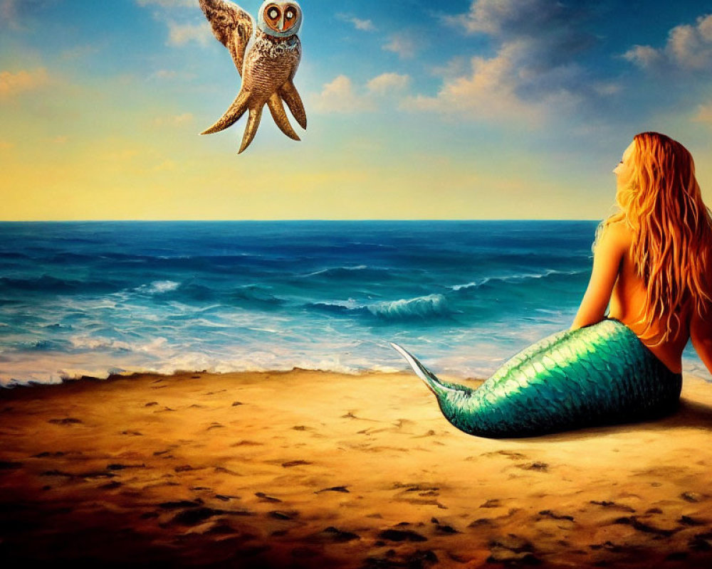 Blonde Mermaid on Beach Watching Owl at Sunset