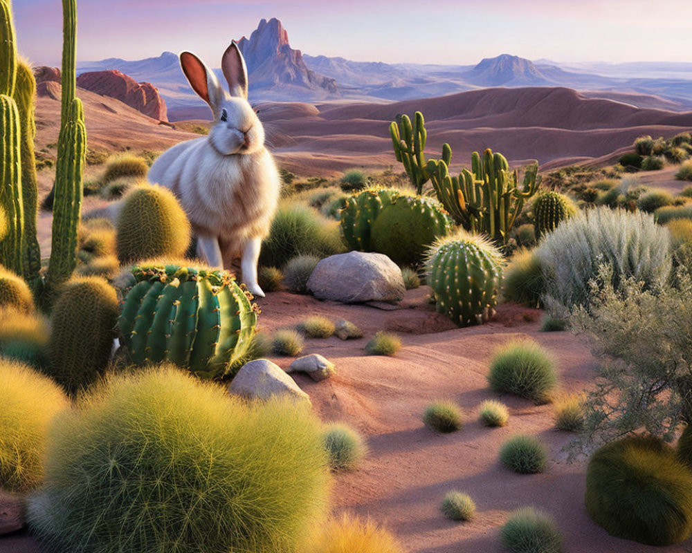 Large Rabbit in Desert Landscape with Cacti and Mountains