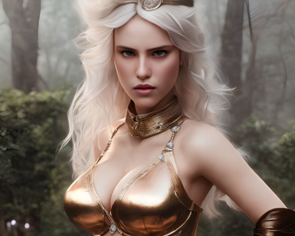 White-Haired Woman in Golden Outfit with Headband and Choker in Misty Forest