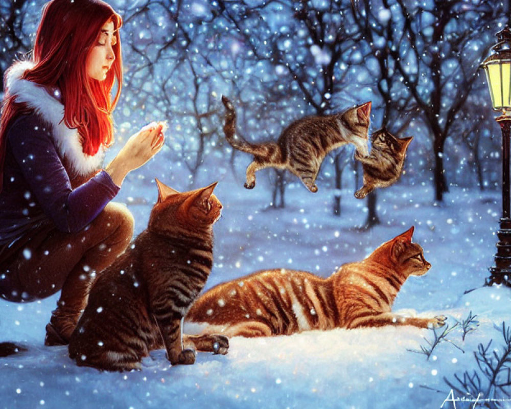 Woman in winter night scene with cats and snowfall.