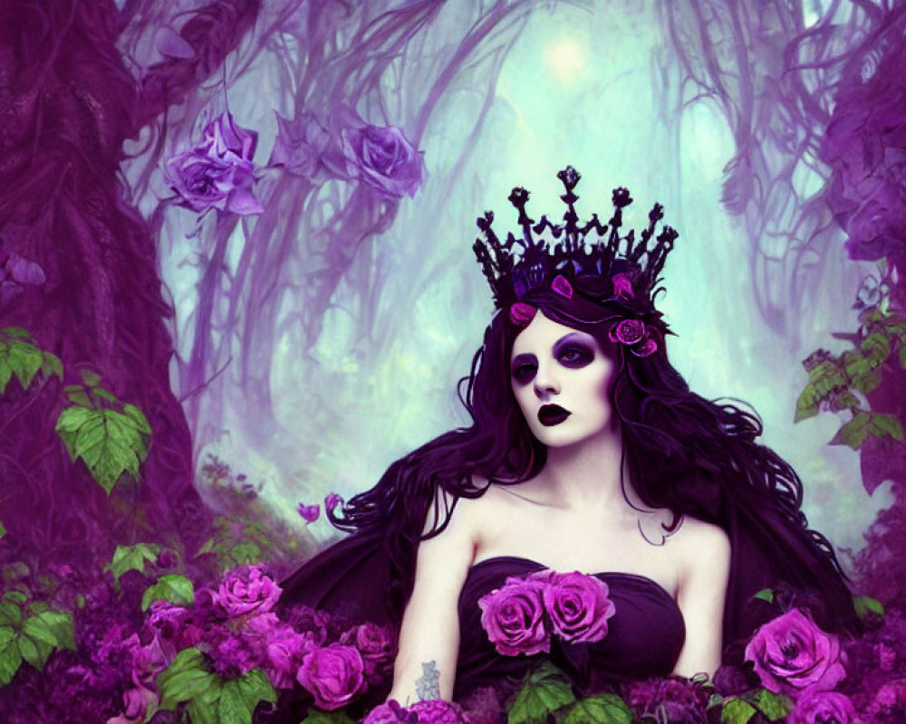 Gothic figure with black crown in mystical forest among purple flowers