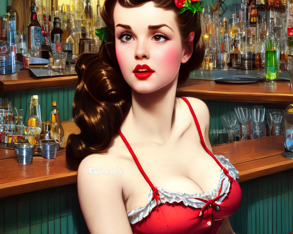 Vintage Pin-Up Style Woman in Red Dress at Classic Bar