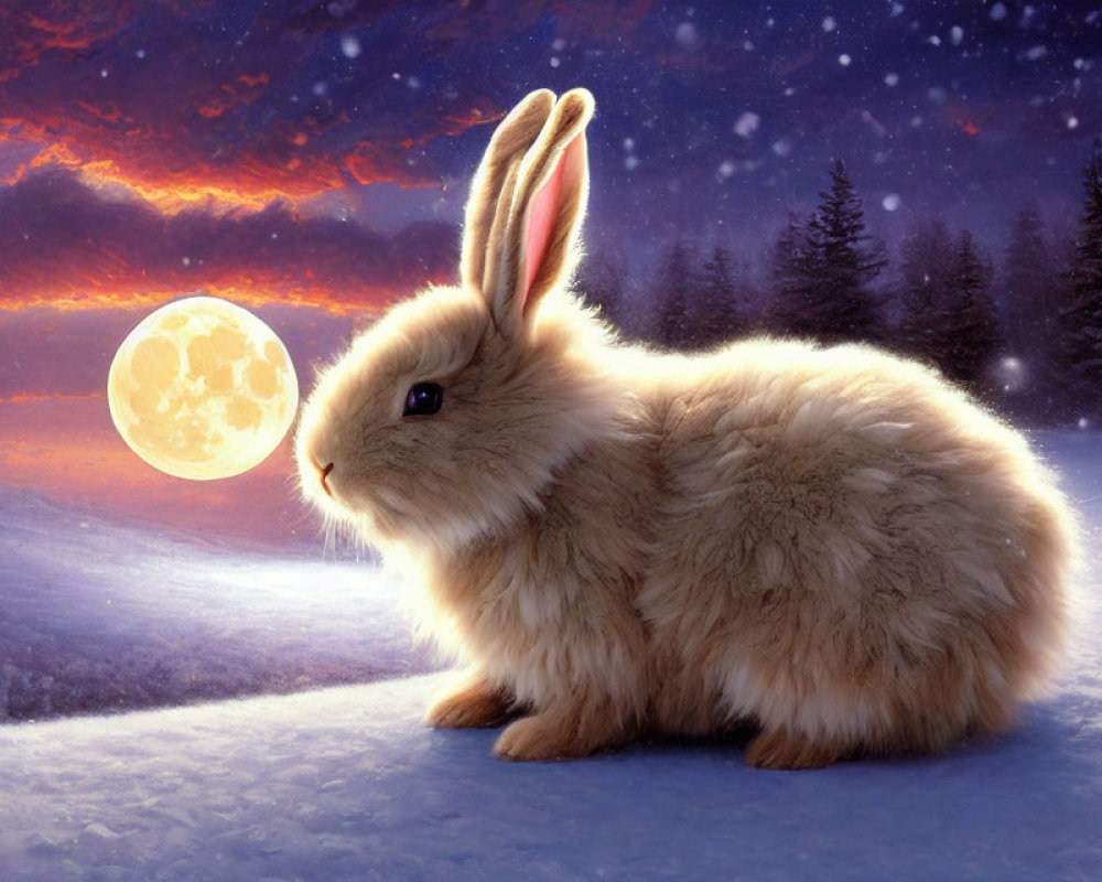 Fluffy bunny in snow with full moon and colorful sky