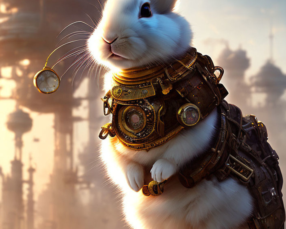 Steampunk-style rabbit with mechanical harness and goggles in industrial setting