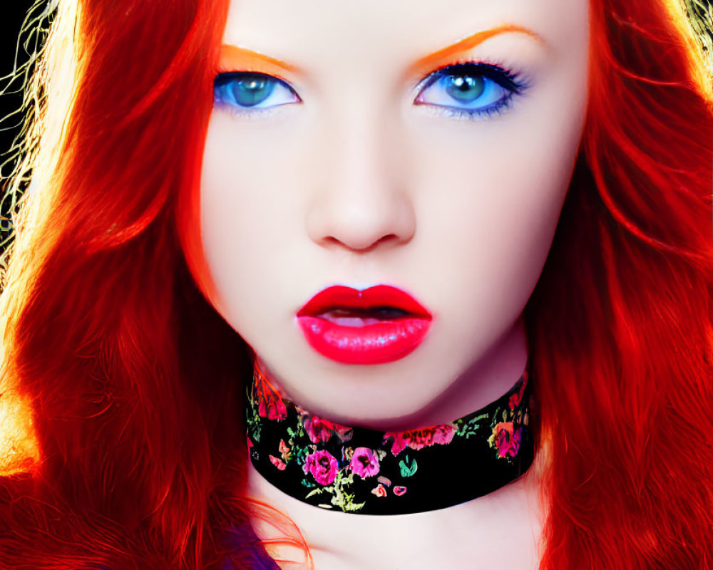 Colorful portrait of woman with red hair, blue eyes, red lipstick, and floral choker on