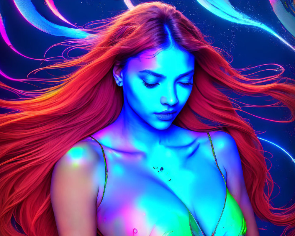 Vibrant digital art: Woman with red hair on cosmic background