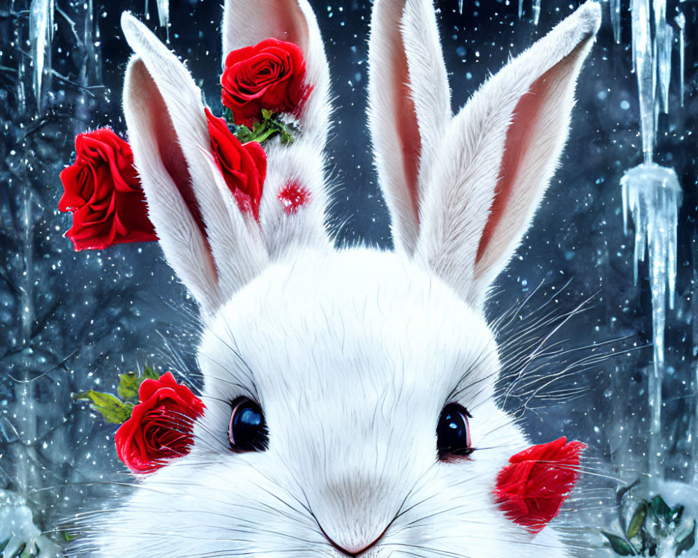 White Rabbit with Red Roses and Icicles in Snowy Scene