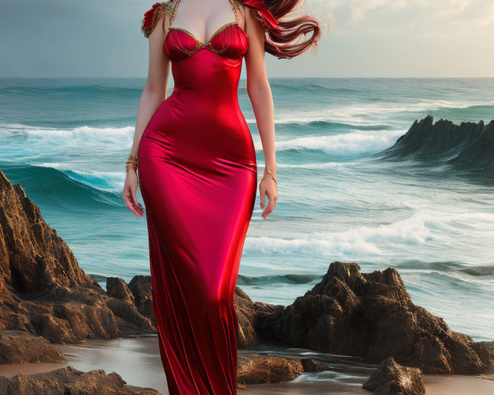 Woman in Red Dress on Rocky Beach with Wind-Blown Hair