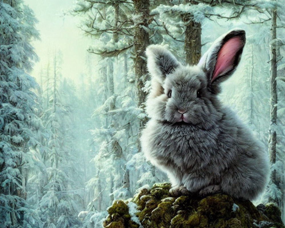 Fluffy grey rabbit on rock in snowy forest.