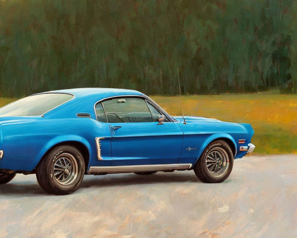 Blue Vintage Mustang Painting on Road with Green Trees and Hazy Sky