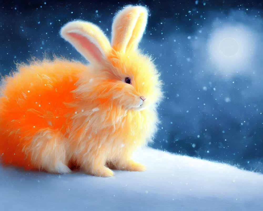 Fluffy Orange Bunny in Snowy Night Scene