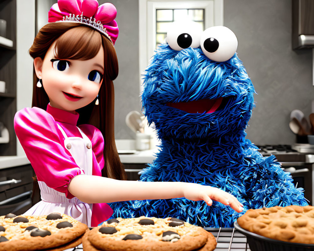 3D-animated girl and blue furry character in kitchen with cookies