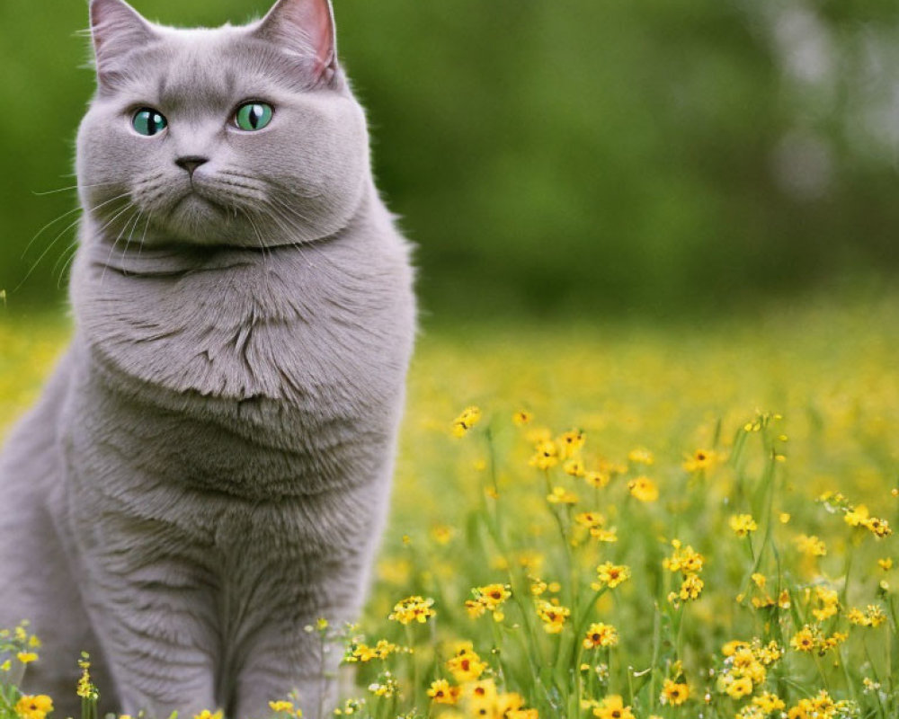 Grey Cat with Blue Eyes in Field of Yellow Flowers and Greenery